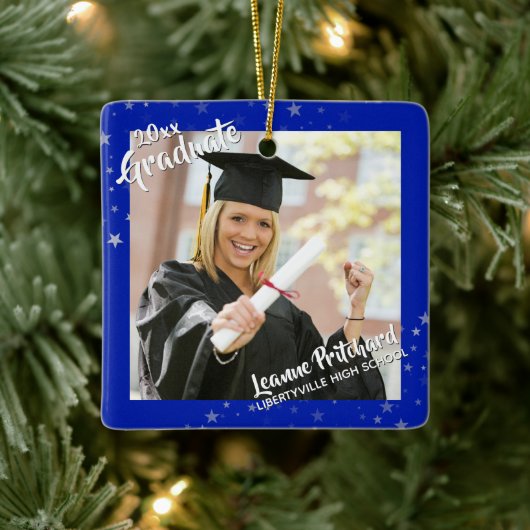 Afstuderen Royal Blue en Stars Two Photos Keramisch Ornament (Boom)