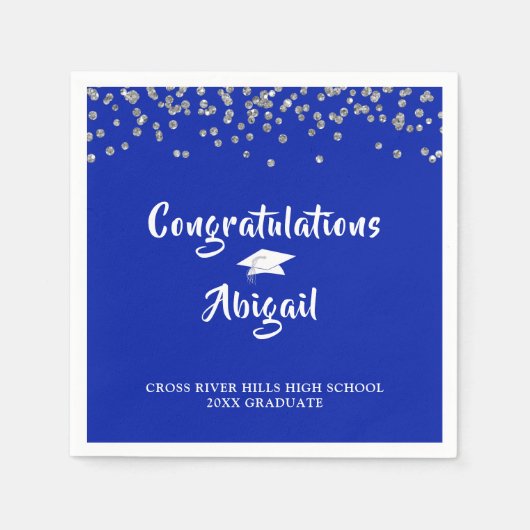 Afstuderen Royal Blue Silver Confetti Brush Script Servet (Voorkant)