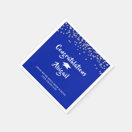 Afstuderen Royal Blue Silver Confetti Brush Script Servet (Hoek)