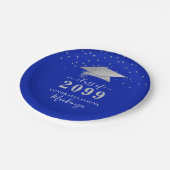 Afstuderen Royal Blue Silver Confetti Script Papieren Bordje (Gekanteld)