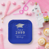Afstuderen Royal Blue Silver Confetti Script Papieren Bordje (Feest)