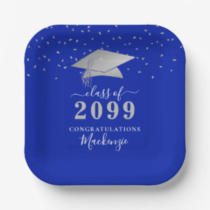 Afstuderen Royal Blue Silver Confetti Script Papieren Bordje