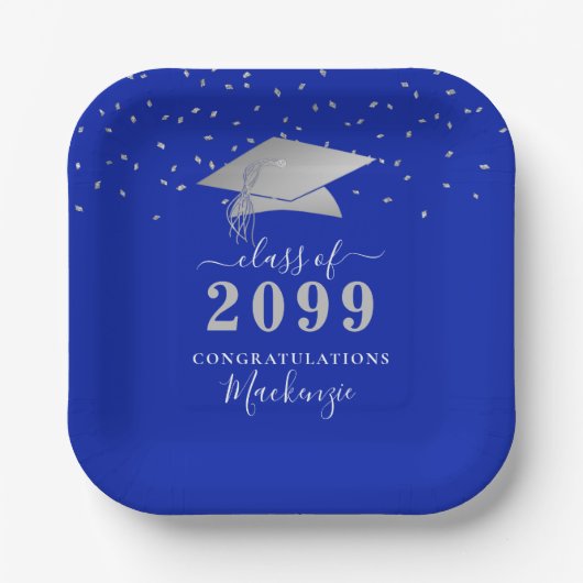 Afstuderen Royal Blue Silver Confetti Script Papieren Bordje (Voorkant)