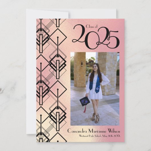 Afstuderen roze art deco zwarte bekendmaking kaart (Voorkant)