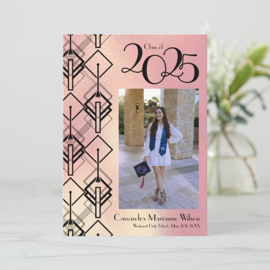 Afstuderen roze art deco zwarte bekendmaking kaart (Staand voorkant)