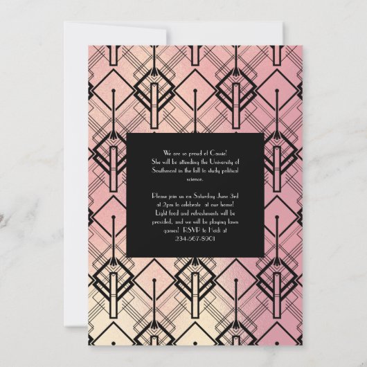Afstuderen roze art deco zwarte bekendmaking kaart (Achterkant)