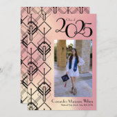 Afstuderen roze art deco zwarte bekendmaking kaart (Voorkant / Achterkant)