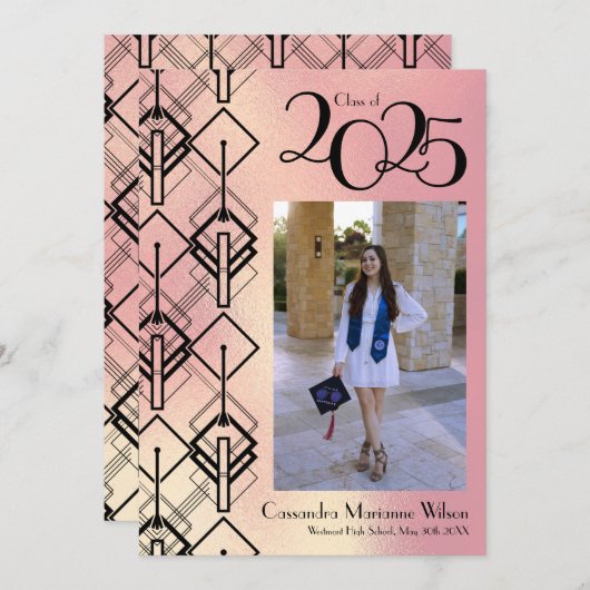 Afstuderen roze art deco zwarte bekendmaking kaart (Voorkant / Achterkant)