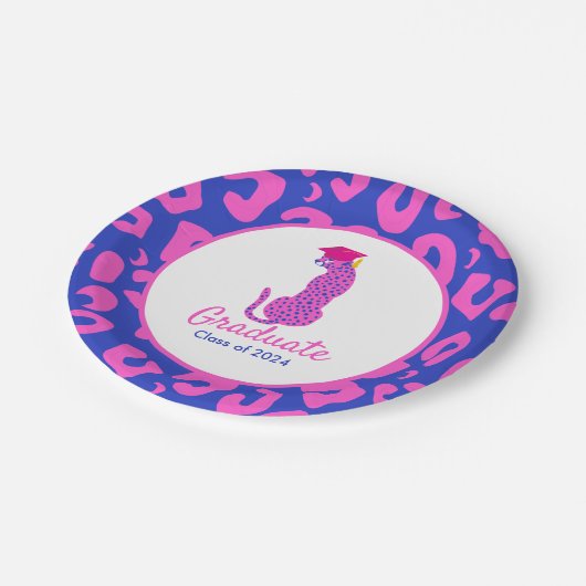 Afstuderen Roze & Blauw Luipaard Papieren Bordje (Gekanteld)