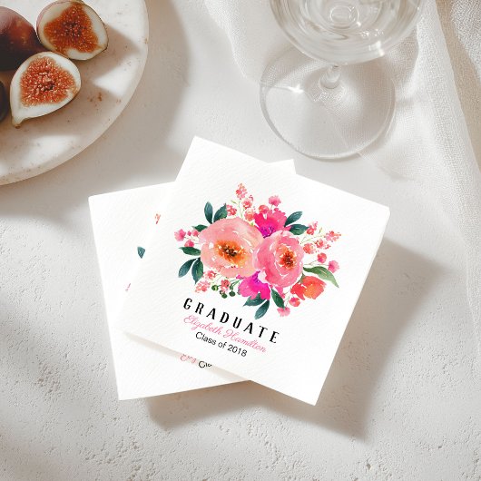 Afstuderen roze bloemenboeket afstudeerfeest servet