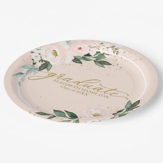 Afstuderen roze blush bloemen afstudeerfeest papieren bordje (Gekanteld)