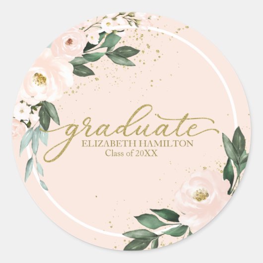 Afstuderen roze blush bloemen afstudeerfeest ronde sticker (Voorkant)