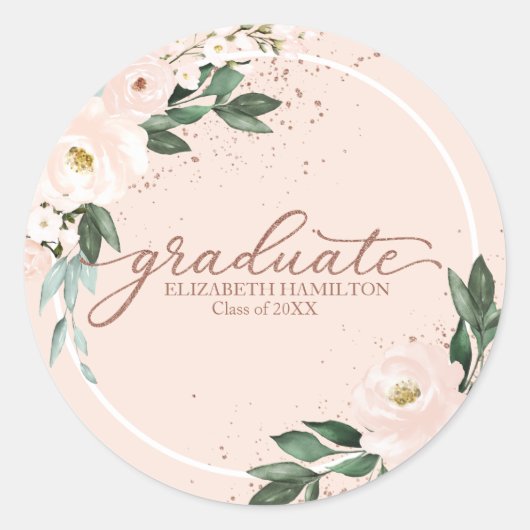 Afstuderen roze blush bloemen afstudeerfeest ronde sticker (Voorkant)