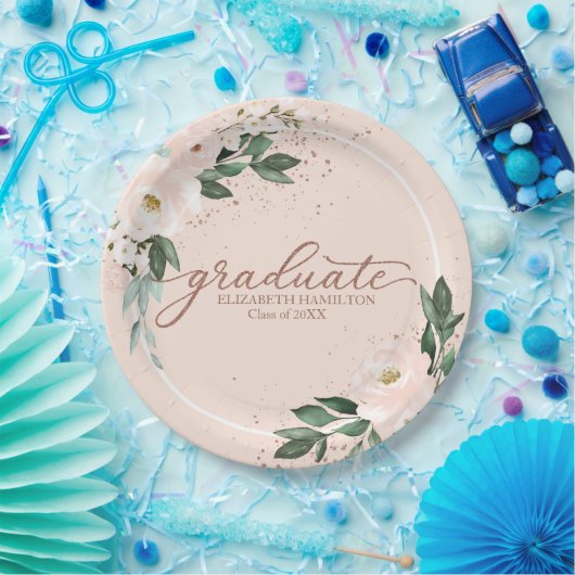 Afstuderen Roze Blush Bloemen Afstuderen Party Pap Papieren Bordje (Feest)