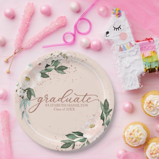 Afstuderen Roze Blush Bloemen Afstuderen Party Pap Papieren Bordje (Feest)