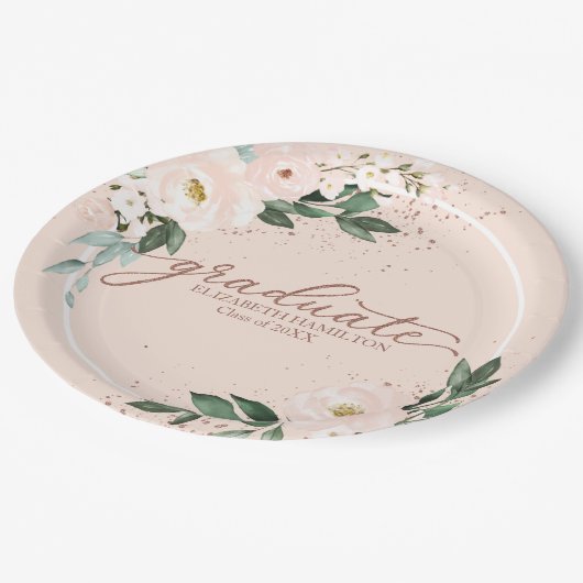 Afstuderen Roze Blush Bloemen Afstuderen Party Pap Papieren Bordje (Gekanteld)