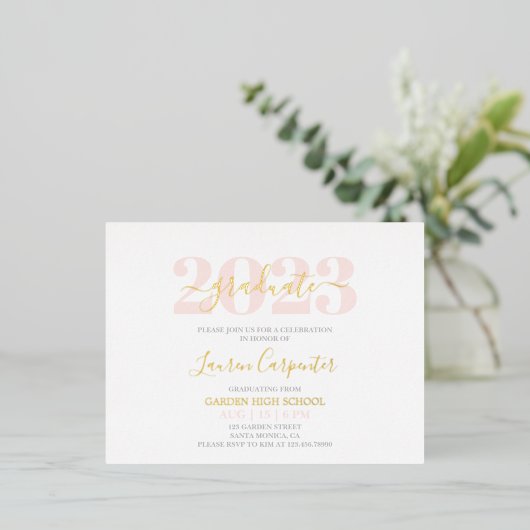 Afstuderen Roze Blush en Gold foil-uitnodiging Folie Uitnodiging Briefkaart (Staand Voorkant)