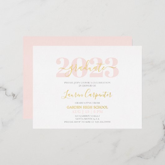 Afstuderen Roze Blush en Gold foil-uitnodiging Folie Uitnodiging Briefkaart (Voorkant / Achterkant)