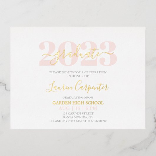 Afstuderen Roze Blush en Gold foil-uitnodiging Folie Uitnodiging Briefkaart (Voorkant)