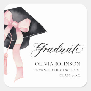 Afstuderen Roze Bow Coquette Graduation Cap Vierkante Sticker