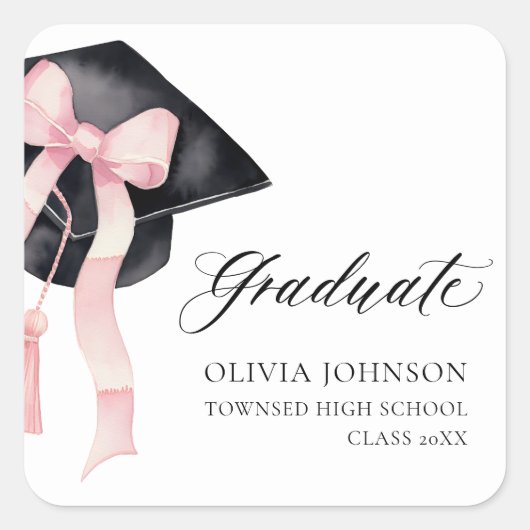 Afstuderen Roze Bow Coquette Graduation Cap Vierkante Sticker (Voorkant)
