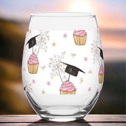 Afstuderen Roze Cupcake Graduation Cap Sparkler Wijnglas Zonder Voet