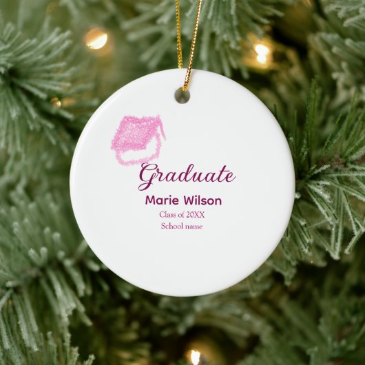 afstuderen roze glitter graduation cap naam toevoe keramisch ornament (Boom)
