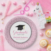 Afstuderen Roze Glitter Mortarboard Papieren Bordje (Feest)