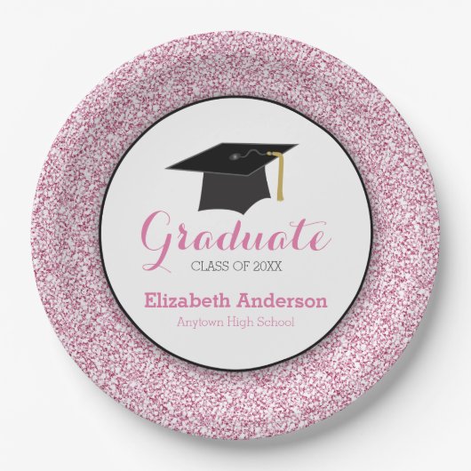 Afstuderen Roze Glitter Mortarboard Papieren Bordje (Voorkant)
