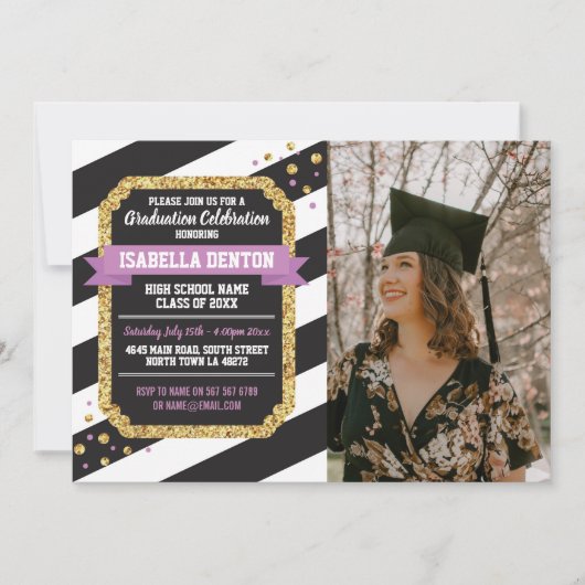 Afstuderen Roze goudfotostrip Glitter Uitnodiging (Voorkant)