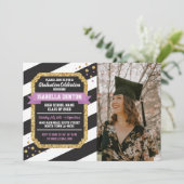 Afstuderen Roze goudfotostrip Glitter Uitnodiging (Staand voorkant)