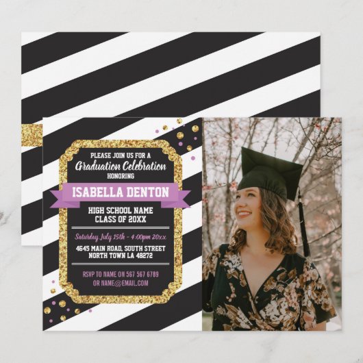 Afstuderen Roze goudfotostrip Glitter Uitnodiging (Voorkant / Achterkant)