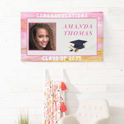 Afstuderen Roze goudmarmer Aangepaste foto Spandoek (Insitu)