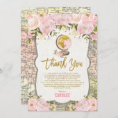 Afstuderen  roze goudplatenreiskaart bedankkaart (Voorkant / Achterkant)