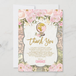 Afstuderen  roze goudplatenreiskaart bedankkaart