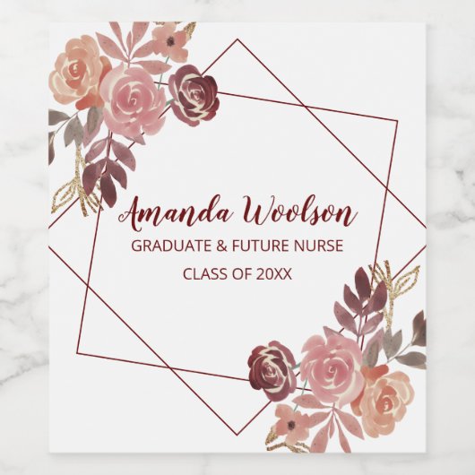 Afstuderen Roze Marsala Geometric Nurse Floral Wijn Etiket (Enkel label)