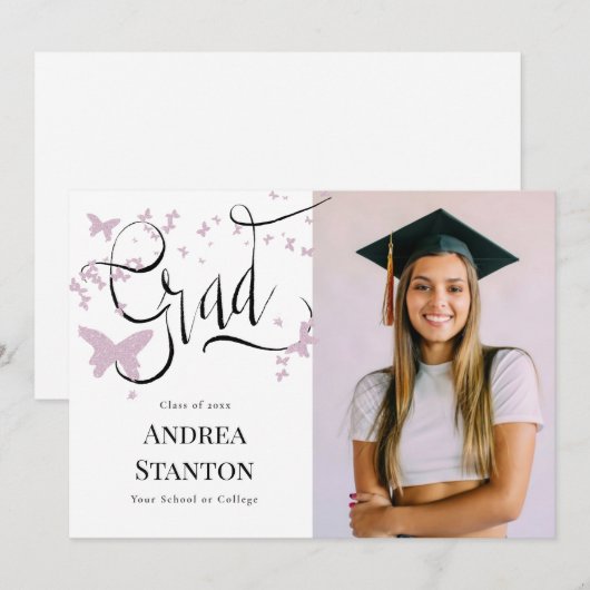 Afstuderen roze vlinders Afstudeerder kalligrafie  Kaart (Voorkant / Achterkant)