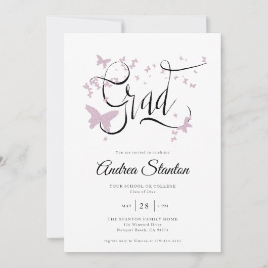 Afstuderen roze vlinders Afstudeerder kalligrafie  Kaart (Voorkant)