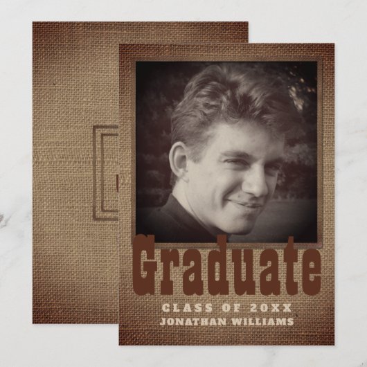 Afstuderen Rustic Burlap Typografie BW Foto Aankondiging (Voorkant / Achterkant)