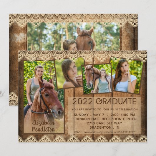 Afstuderen Rustic Country Wood Lace 5 Foto Kaart (Voorkant / Achterkant)