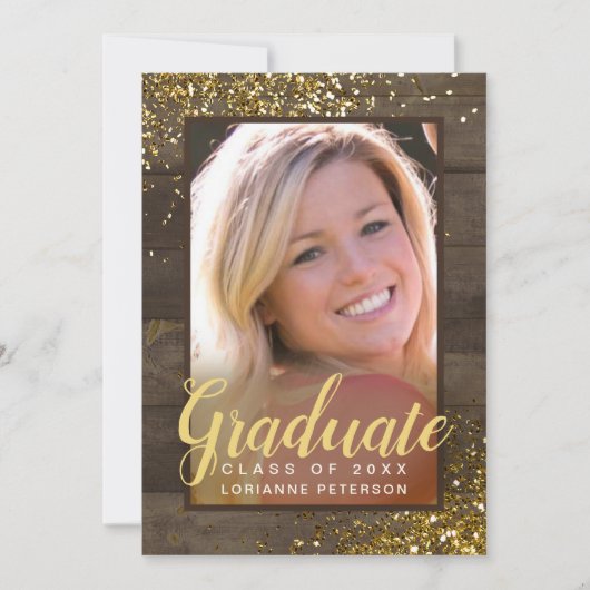 Afstuderen Rustic Glam Faux Gold Glitter Foto Aankondiging (Voorkant)