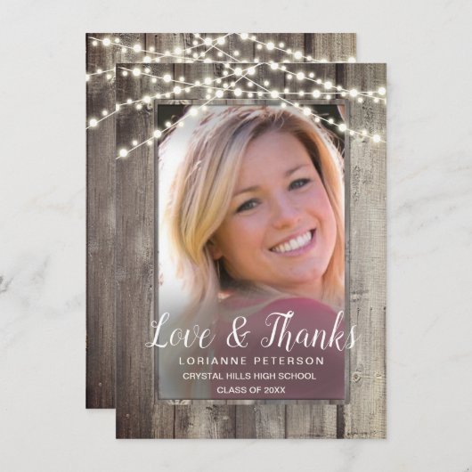 Afstuderen Rustic String Lights Foto Bedankkaart (Voorkant / Achterkant)