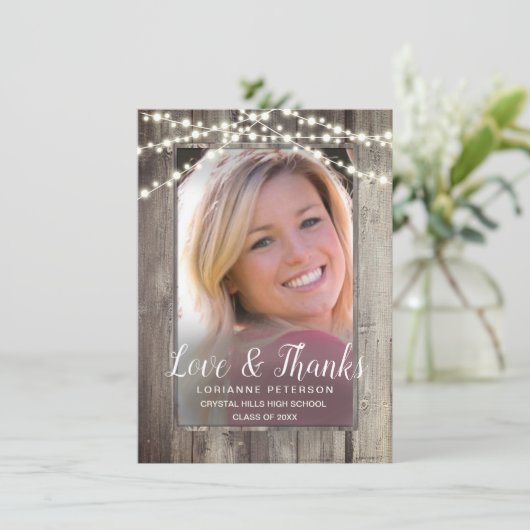 Afstuderen Rustic String Lights Foto Bedankkaart (Staand voorkant)