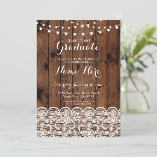 Afstuderen Rustic Wood Lace Lights Afstuderen Uitn Kaart (Staand voorkant)