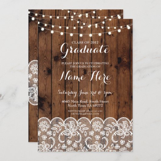 Afstuderen Rustic Wood Lace Lights Afstuderen Uitn Kaart (Voorkant / Achterkant)