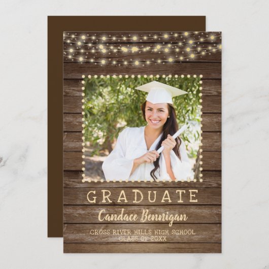 Afstuderen Rustic Wood String Lights Aankondiging (Voorkant / Achterkant)