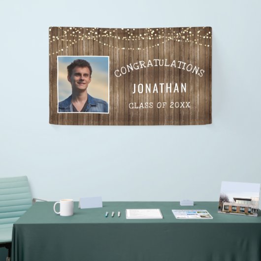 Afstuderen rustieke houten strijklampen gepersonal spandoek (Beurs)