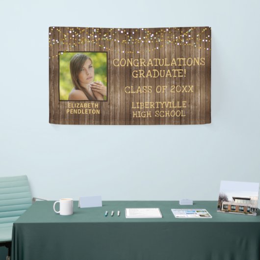 Afstuderen rustieke houten string verlichting foto spandoek (Beurs)