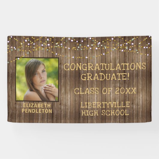 Afstuderen rustieke houten string verlichting foto spandoek (Horizontaal)