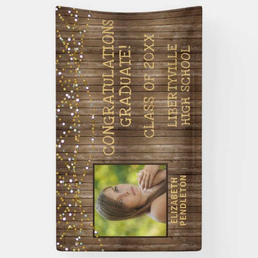 Afstuderen rustieke houten string verlichting foto spandoek (Verticaal)